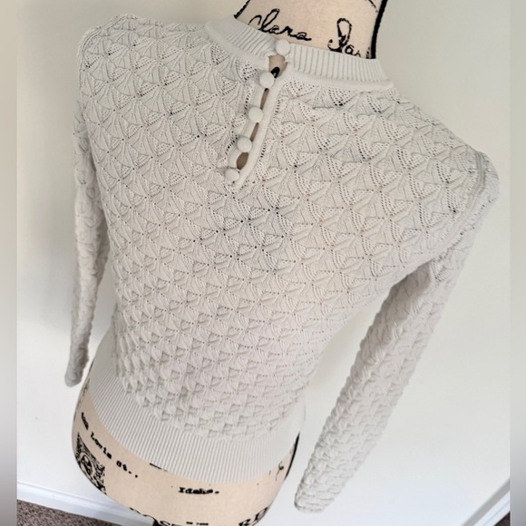 Club Monaco Sweater Pointelle Knit Sz S Ivory Ribbed Collar/Hem Quiet Luxurycore - Picture 6 of 14